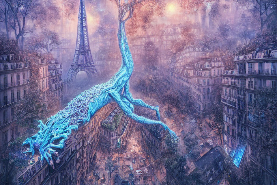 Giant blue tree over Paris-like cityscape with Eiffel Tower in misty setting