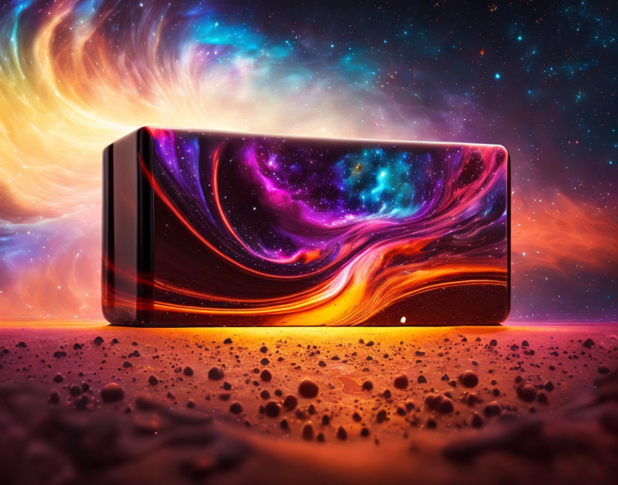 Smartphone on rocky surface with vibrant cosmic wallpaper blending into space backdrop