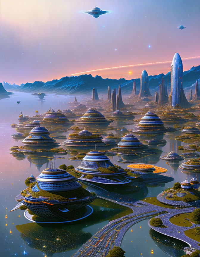 Futuristic cityscape with domed buildings, towering structures, spacecraft, and luminous water at