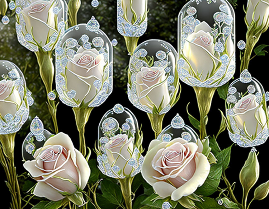 Roses in Bubble Spheres with Sparkling Patterns on Dark Background