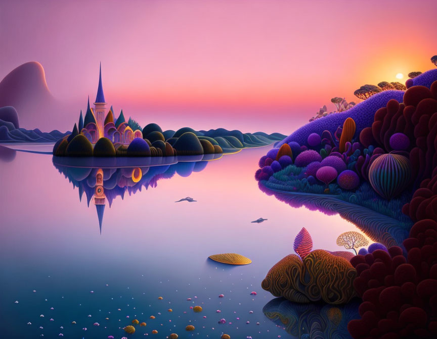 Fantasy landscape at sunset with castle, whimsical trees, and pink-purple hues