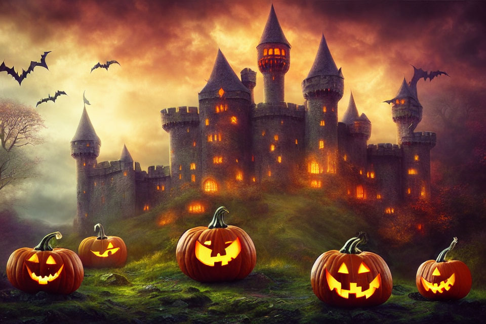 Eerie castle at dusk with bats and pumpkins