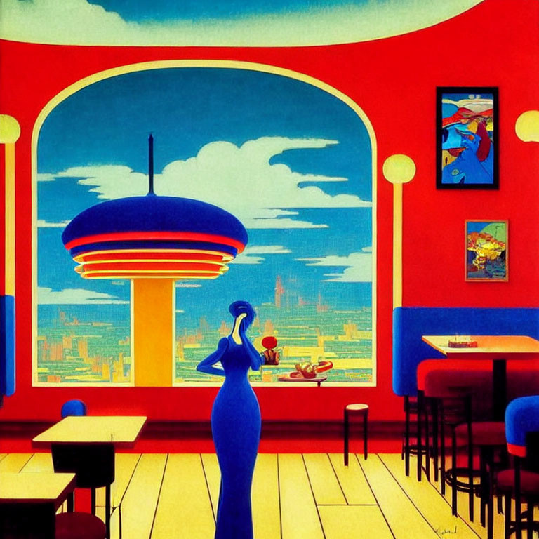 Stylized illustration of woman in blue dress by futuristic cityscape