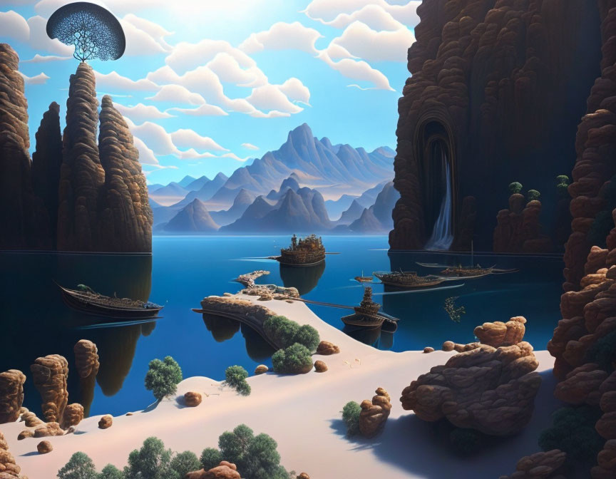 Surreal landscape: ancient ships, rock formations, waterfall, futuristic object