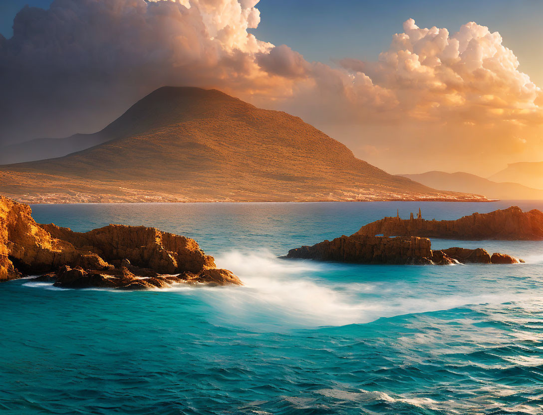 Tranquil sunset seascape with golden clouds, calm sea, rocky shore, mountain.