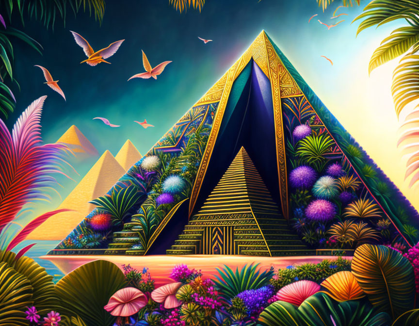 Colorful pyramid illustration in lush tropical scenery