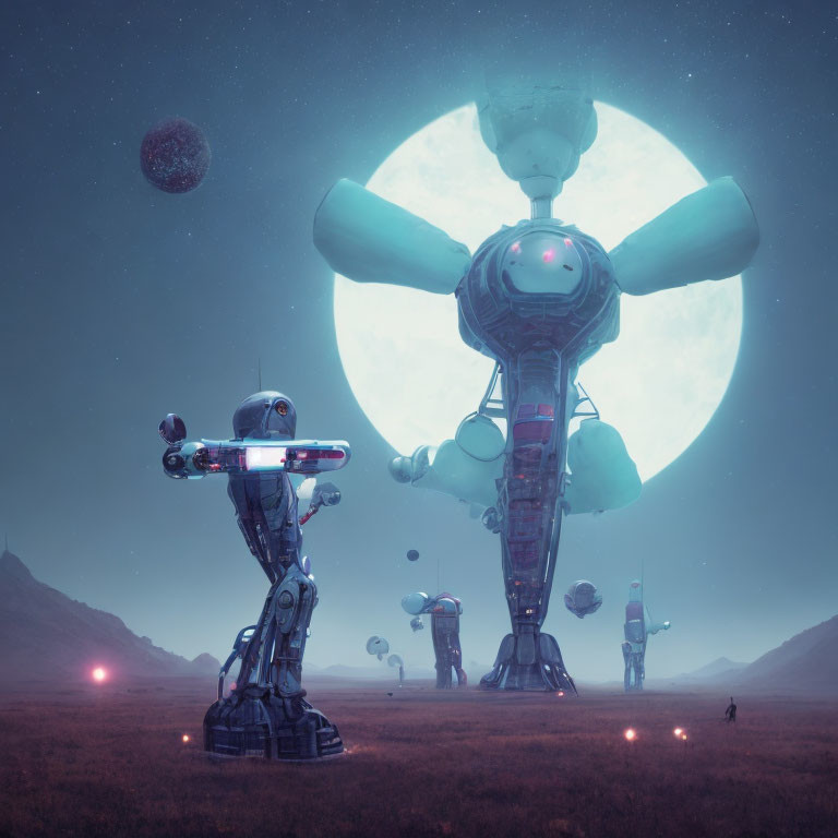 Futuristic robots in misty landscape with moon and celestial bodies.