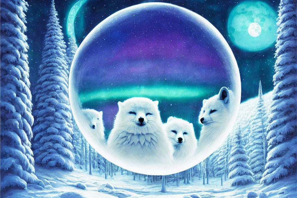 Winter scene: White foxes in orb, snow-covered trees, starry sky, green aurora