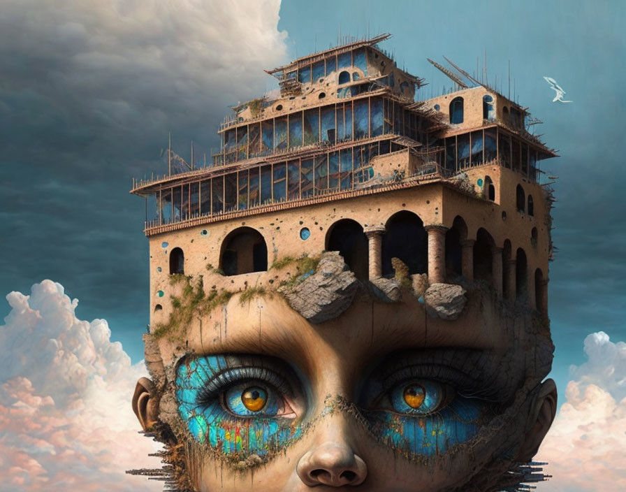 Surreal image: woman's face merges with landscape, detailed eyes, ship/building hybrid on