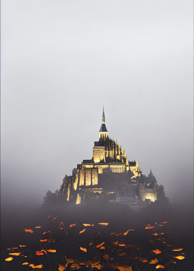 Mystical autumn castle on rocky hill with golden leaves