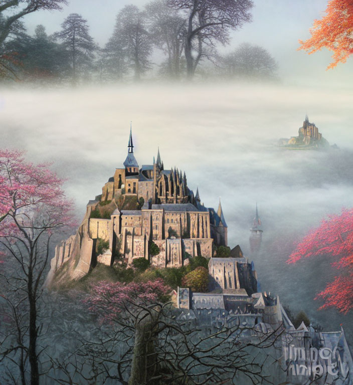 Enchanting castle on rocky hill amid mist and colorful trees