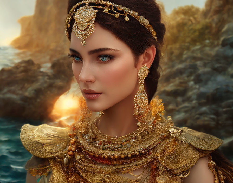 Elaborate gold jewelry portrait with sunset backdrop