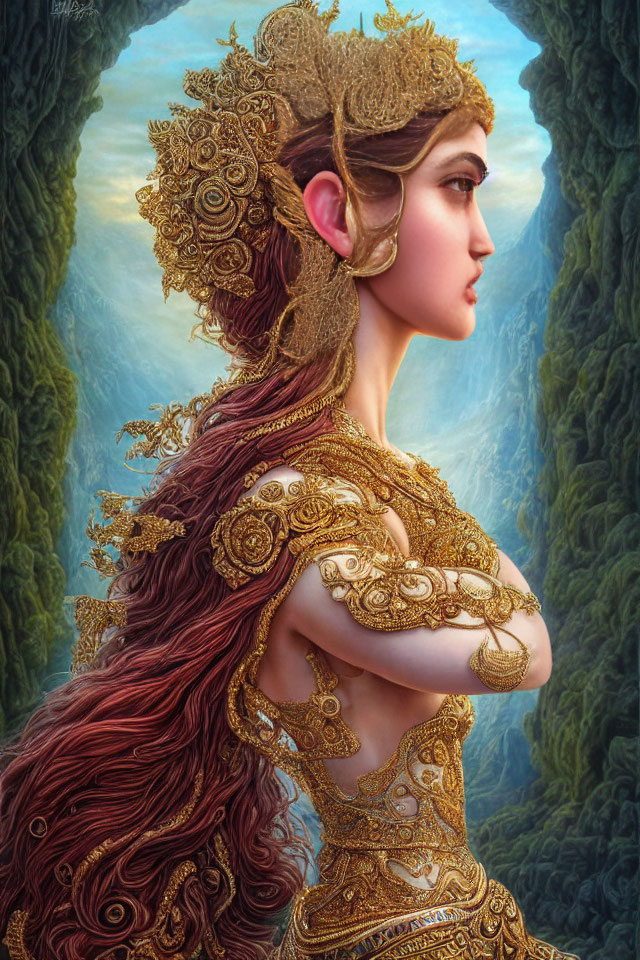 Profile view of woman with ornate gold headdress and jewelry, red hair, mystical forest backdrop.