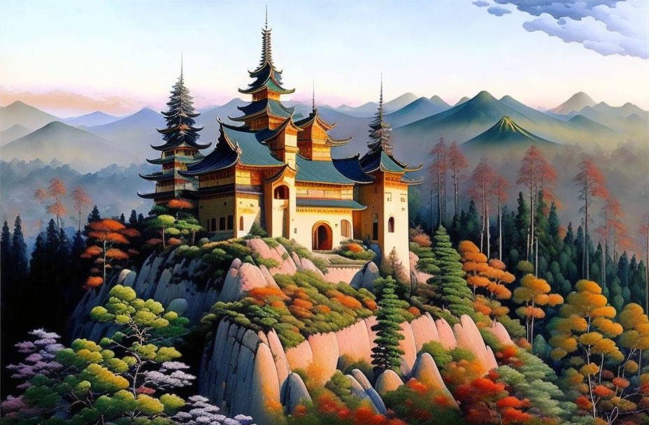 Ornate temple on rocky outcrop with autumn trees and mountains