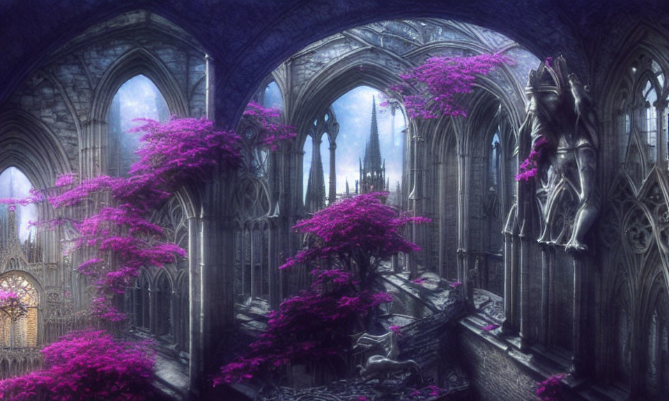 Gothic Cathedral with Pink Foliage and Ornate Statues