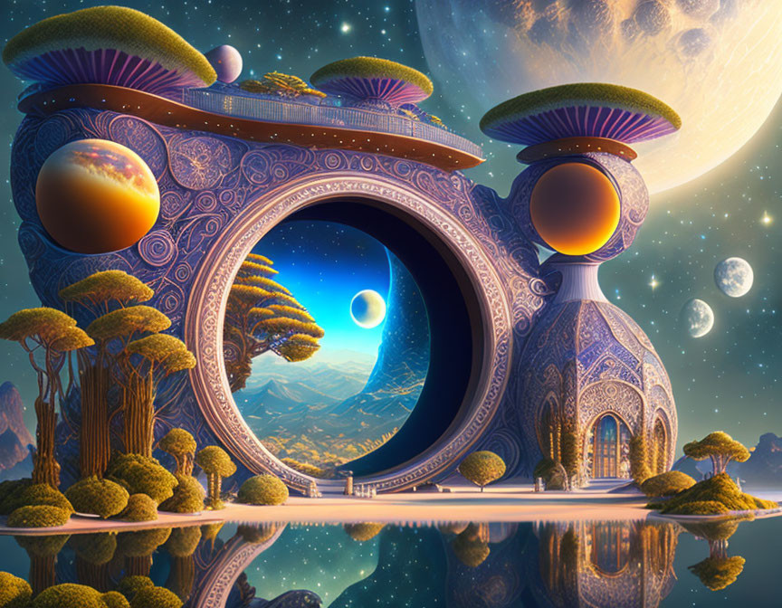 Fantastical Landscape with Ornate Portal, Planets, and Celestial Bodies