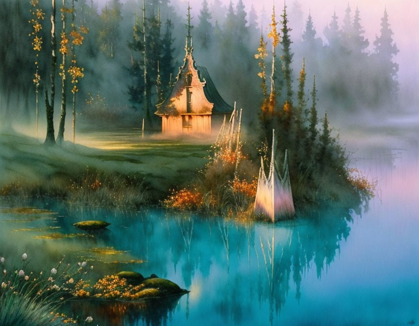 Tranquil landscape: traditional cabin near misty blue lake.