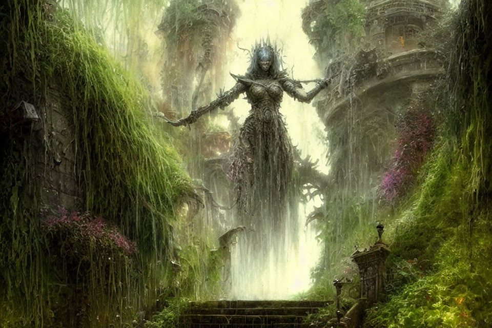 Armored figure in mystical setting with temple and waterfalls