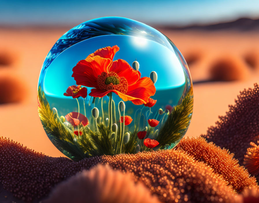 Red Poppy Encased in Translucent Sphere on Desert Landscape