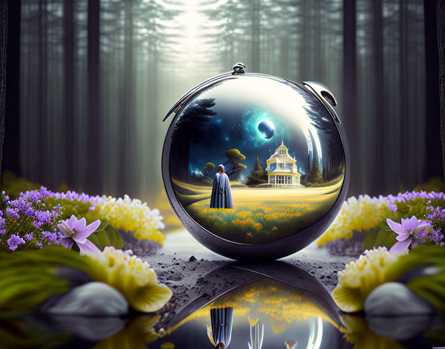 Surreal reflective sphere with night scene and celestial sky