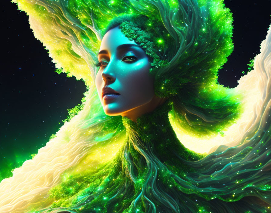 Cosmic digital artwork of a woman with star-infused green hair and skin