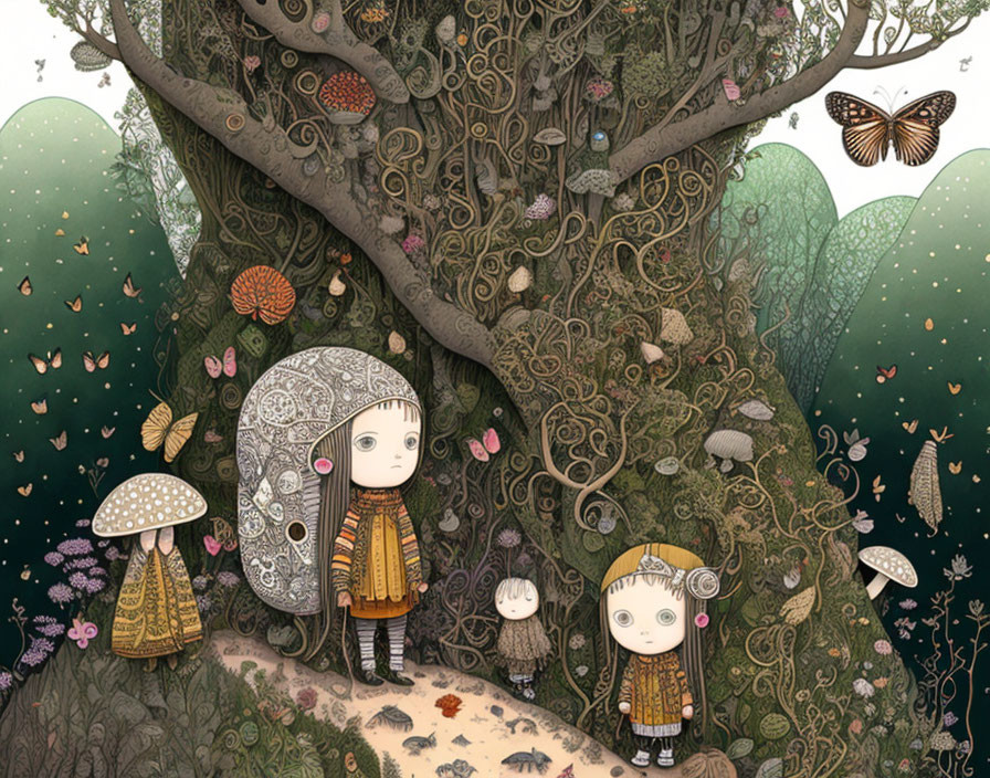 Whimsical forest illustration with mushroom-capped characters and floating butterflies