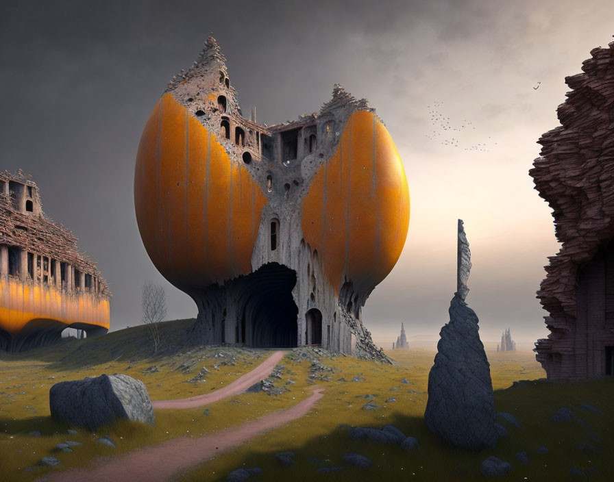 Surreal landscape featuring oversized pumpkin houses and ancient buildings under a hazy sky