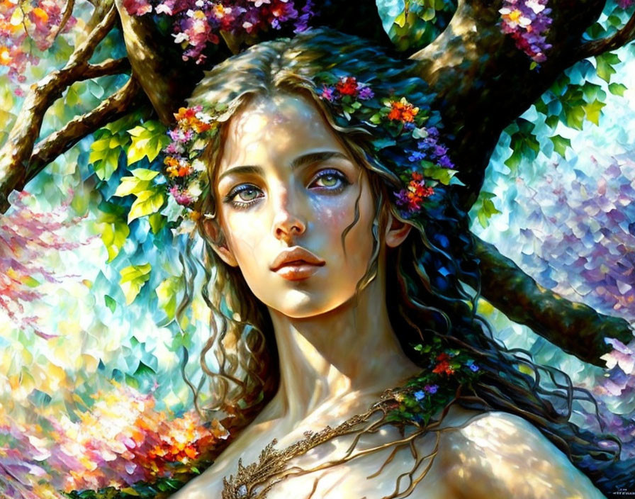 Colorful Tree Painting: Woman with Floral Crown