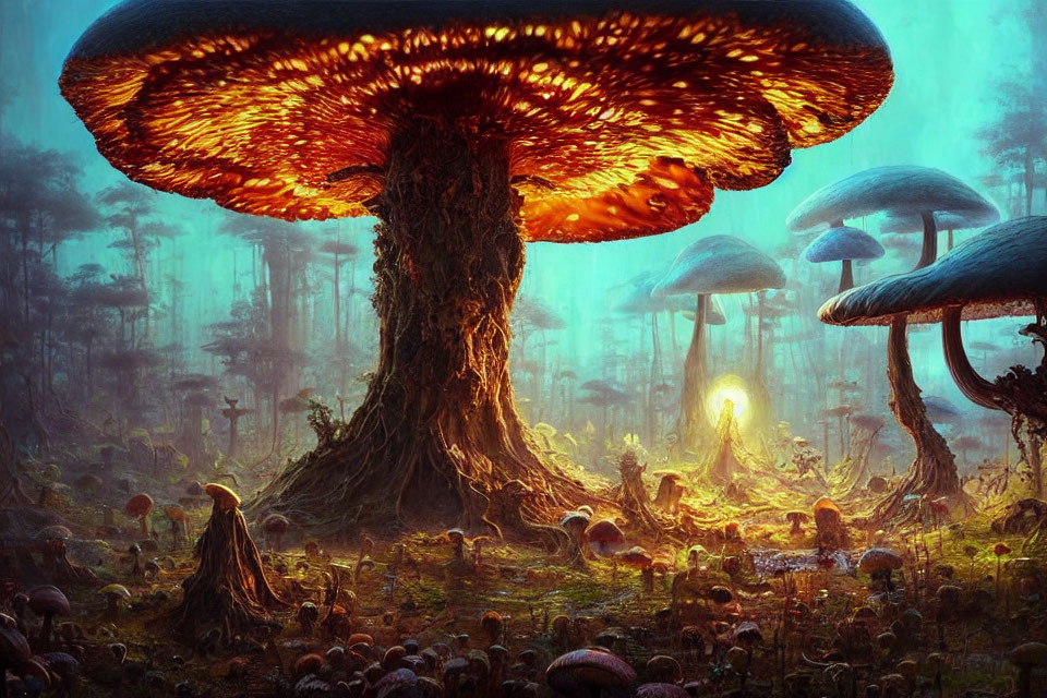 Vibrant forest scene with giant luminescent mushrooms and misty light