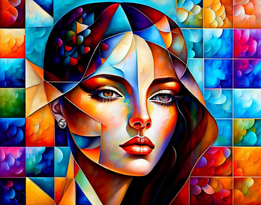 Vibrant Cubist Portrait of Woman with Mosaic Background