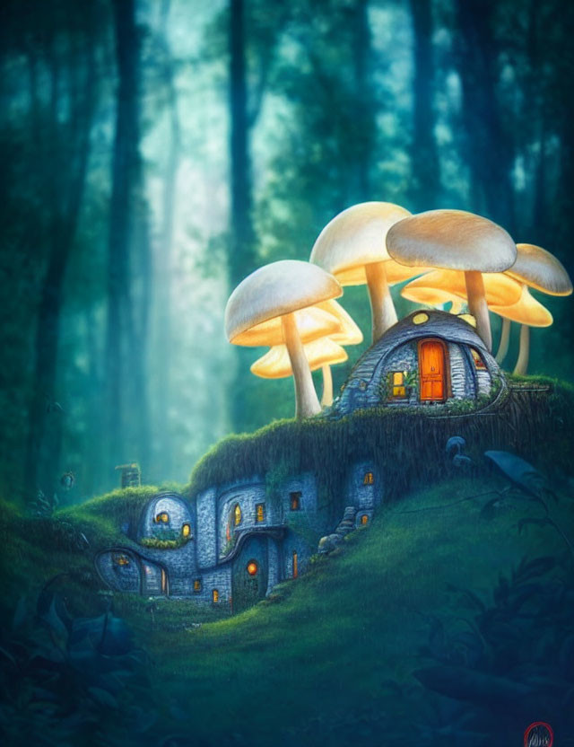 Illustration of cozy fairy-tale house in hill with glowing windows & mushroom caps in misty forest