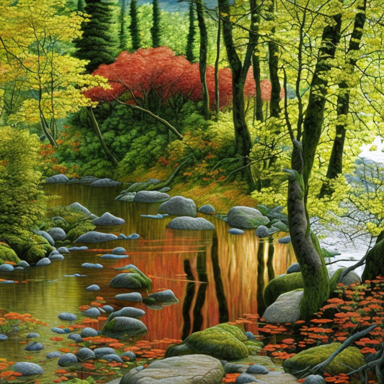 Tranquil river surrounded by green foliage and autumnal red reflections