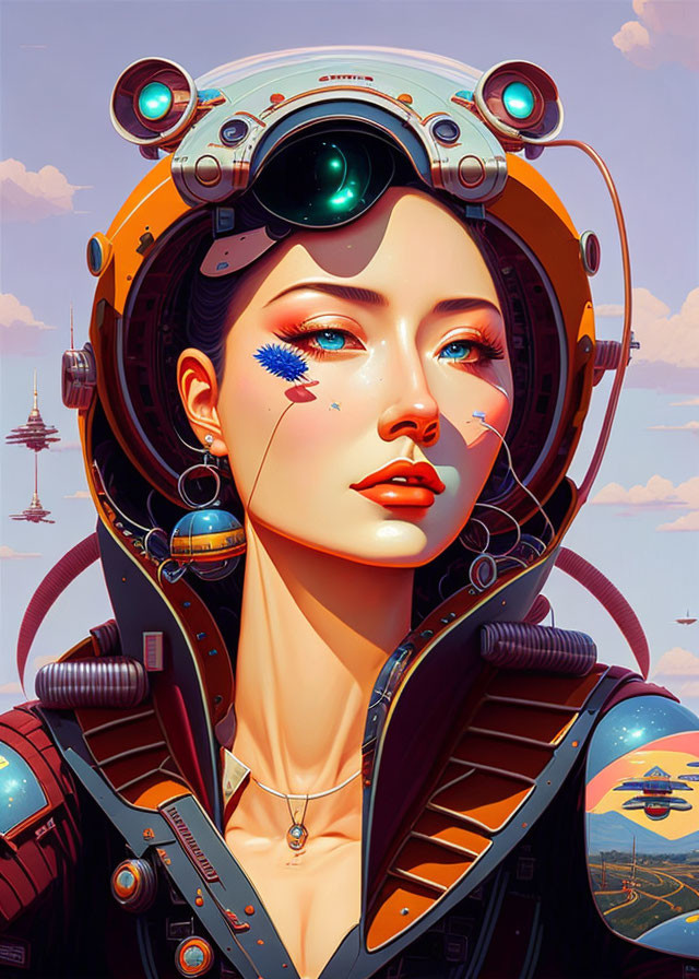 Digital artwork of a woman in futuristic attire with intricate designs against a backdrop of floating structures.