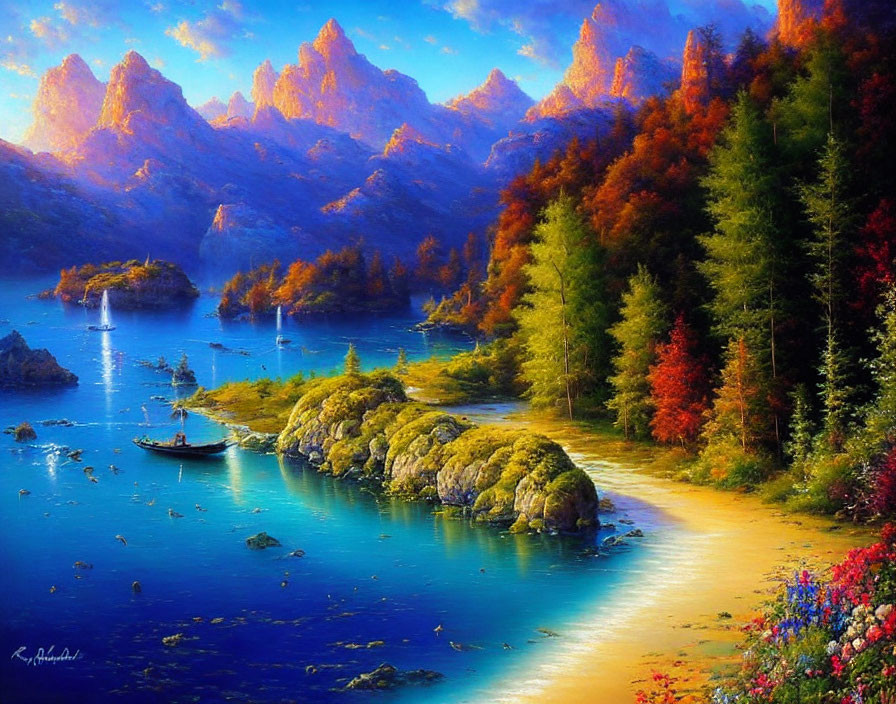 Scenic painting of tranquil lake with boat, autumn trees, and mountains