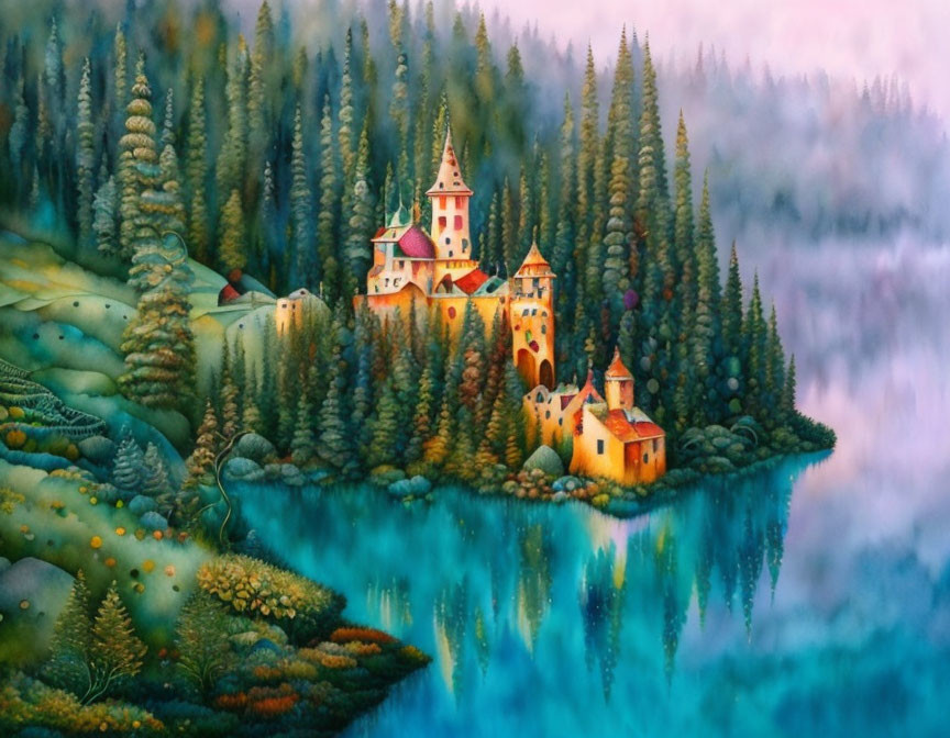 Whimsical castle painting in lush forest by blue lake