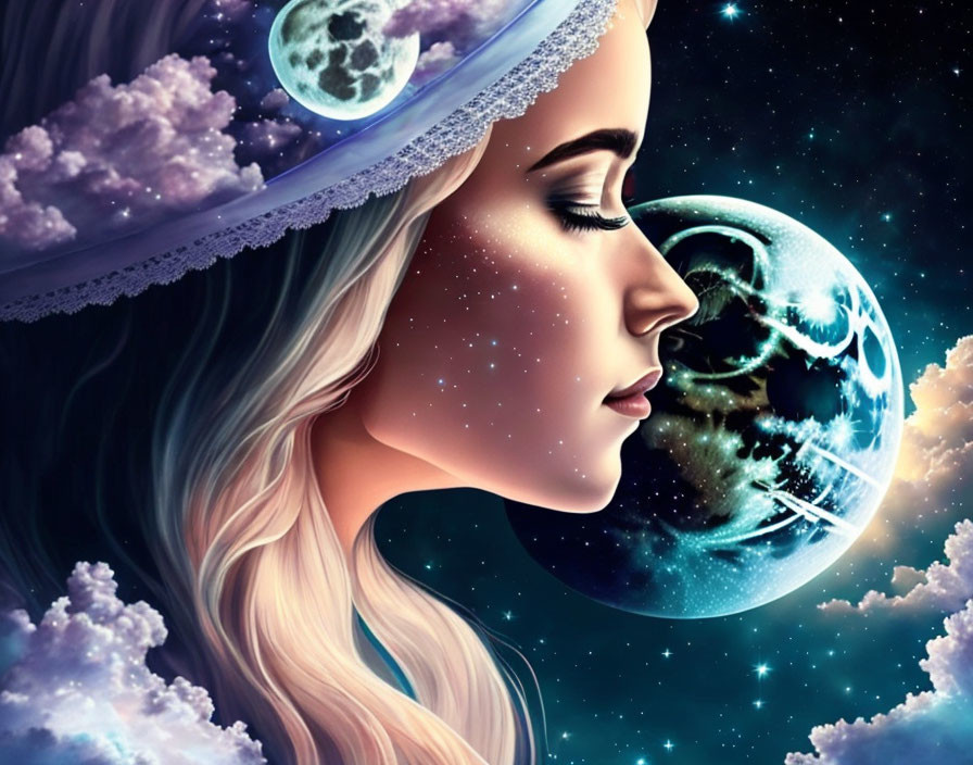 Digital Artwork: Woman with Planets, Stars, and Clouds in Cosmic Setting