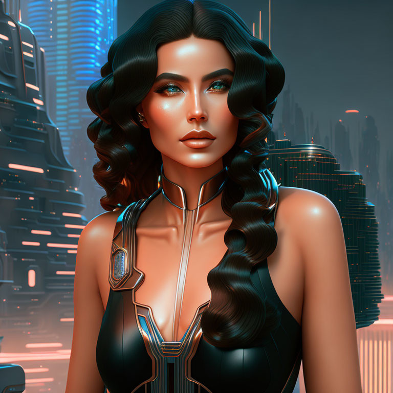 Digital artwork: Woman with wavy hair in futuristic attire, neon-lit cityscape