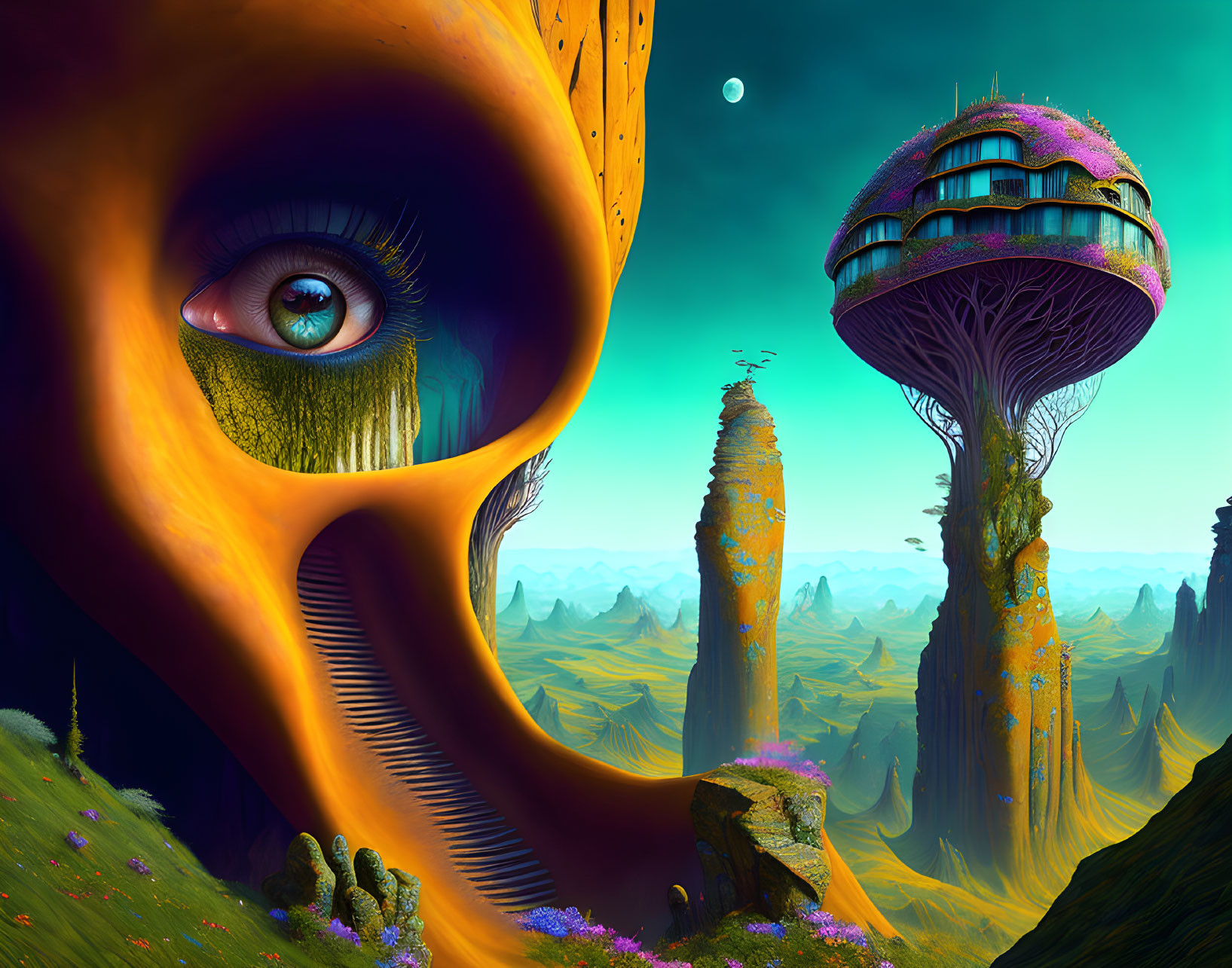 Surreal Landscape with Oversized Human Eye, Rock Formations, and Futuristic Buildings