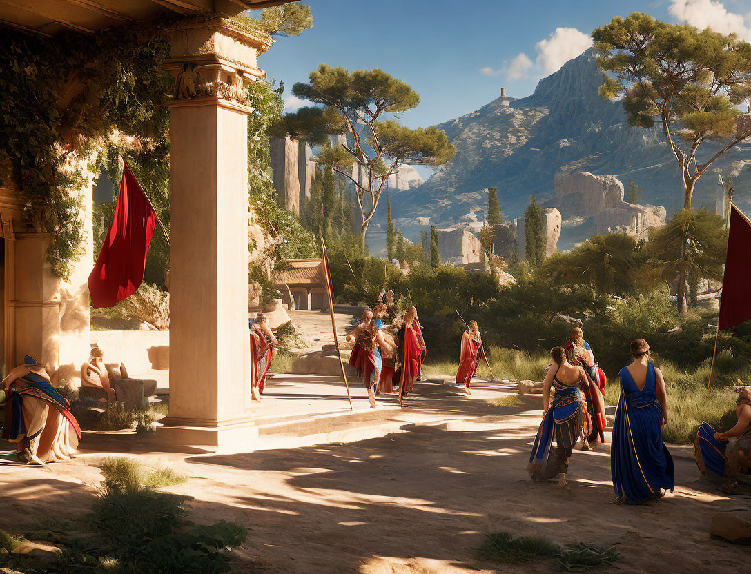 Group in Ancient Roman Attire Outdoors with Classical Architecture