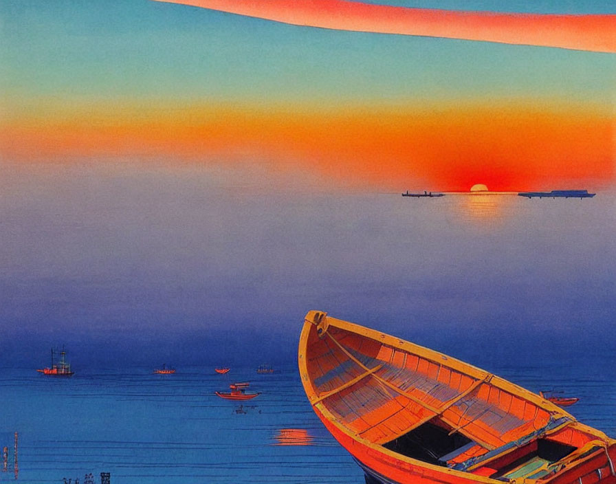 Orange Boat in Serene Sunset Sea with Distant Ships