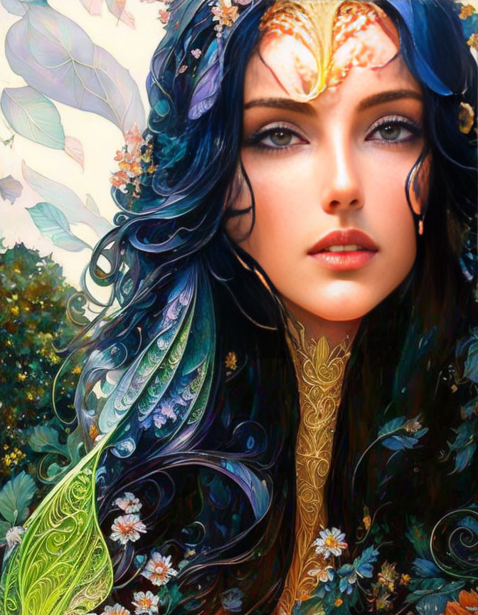 Fantasy illustration of woman with blue-black hair and butterfly mark surrounded by vibrant floral patterns