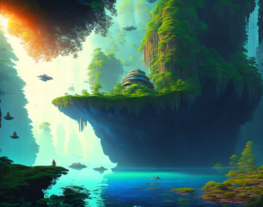 Fantastical landscape with floating island, greenery, waterfalls, futuristic building, and flying ships