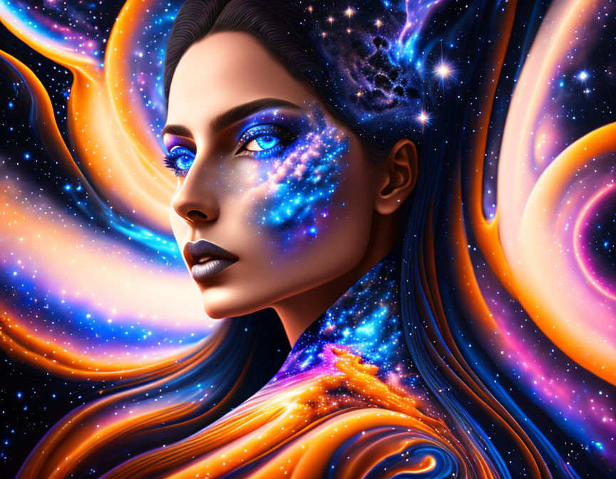 Digital art portrait blending woman's face with cosmic background