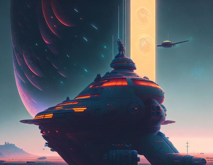 Futuristic cityscape with spaceship, towering structures, and planets at dusk