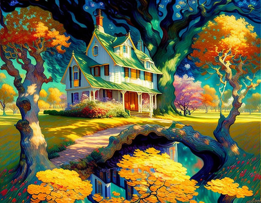 Colorful painting of quaint house and vibrant trees by blue river