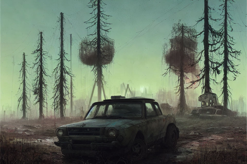 Desolate dystopian landscape with abandoned cars and gloomy sky