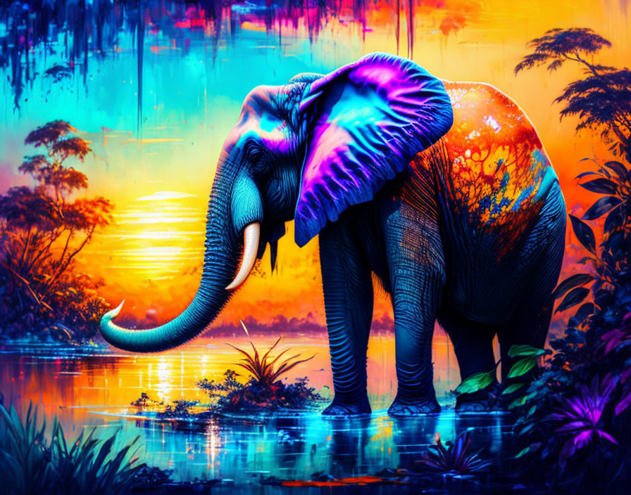 Colorful Elephant Artwork by River at Sunset