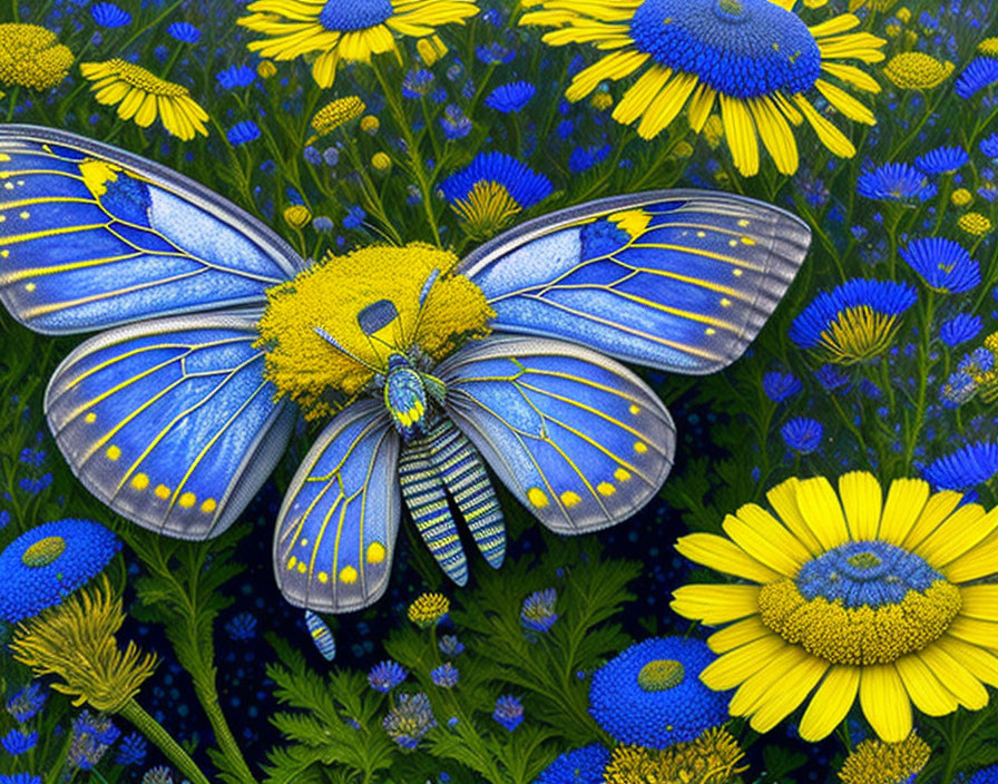 Colorful Digital Art: Blue Butterfly on Yellow and Blue Flowers