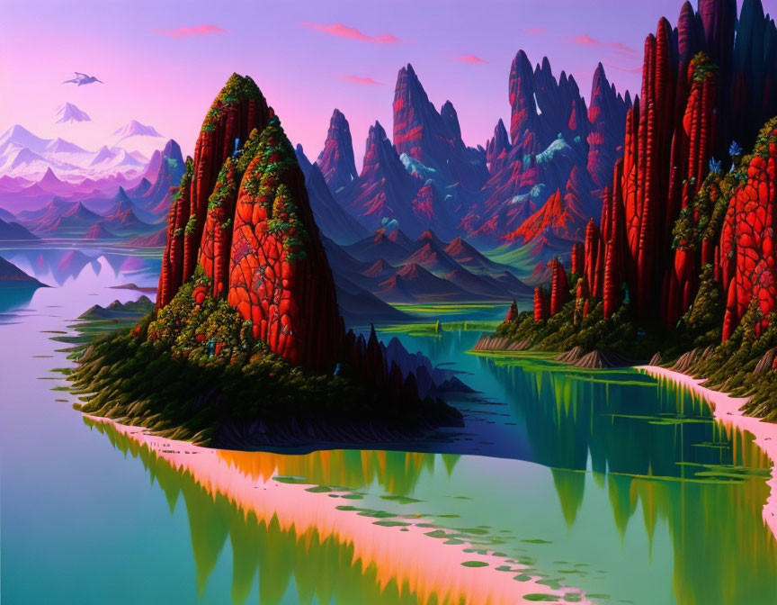 Scenic landscape with red rocky peaks, lush greenery, and tranquil river