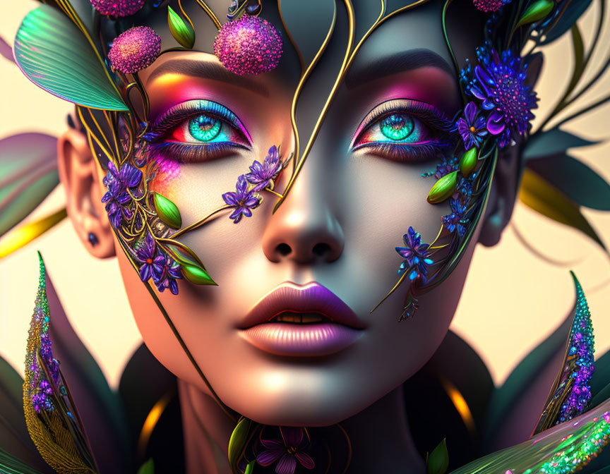 Colorful botanical elements on a woman's face with bright blue eyes